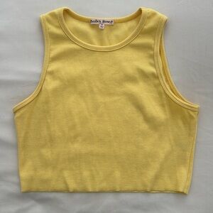 Yellow ribbed cropped racer back tank top